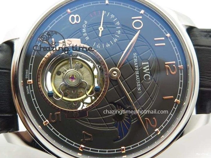 MIROTIME 0204 Portuguese Tourbillon Power Reserve Moonphase SS Black Dial Gold Numbers On Black Leather Strap RelaxedFit 7320